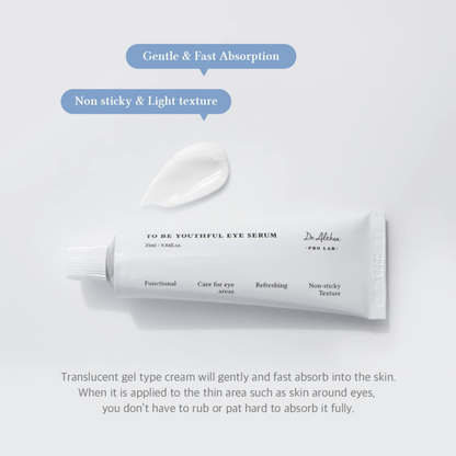 Tube of Dr. Althea To Be Youthful Eye Serum with text highlighting features on a light gray background