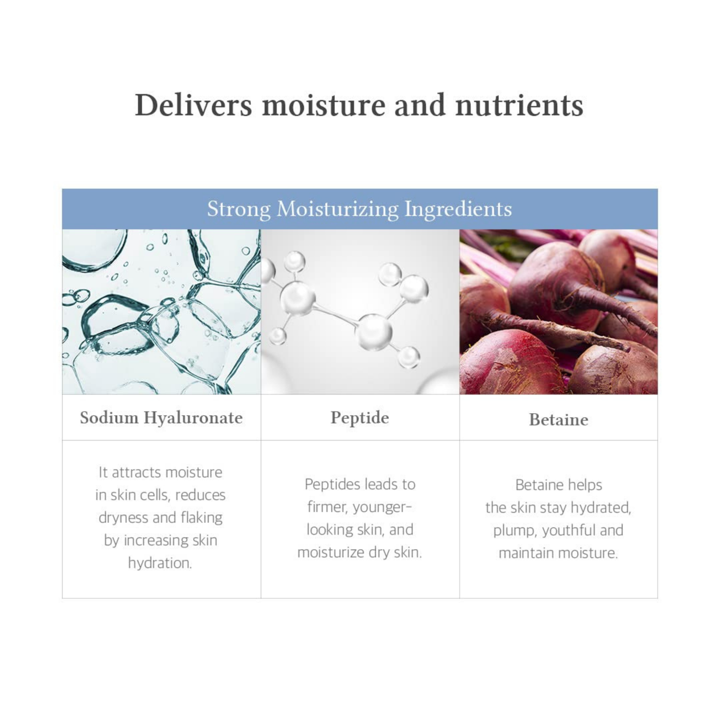 Table of strong moisturizing ingredients with images and descriptions on a white background