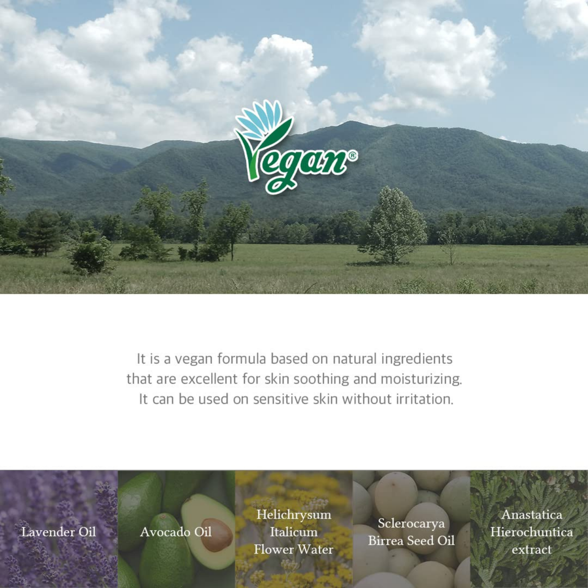 Vegan logo over a scenic landscape with mountains and trees, featuring natural ingredients and product benefits of Dr. Althea To Be Youthful Eye Serum.
