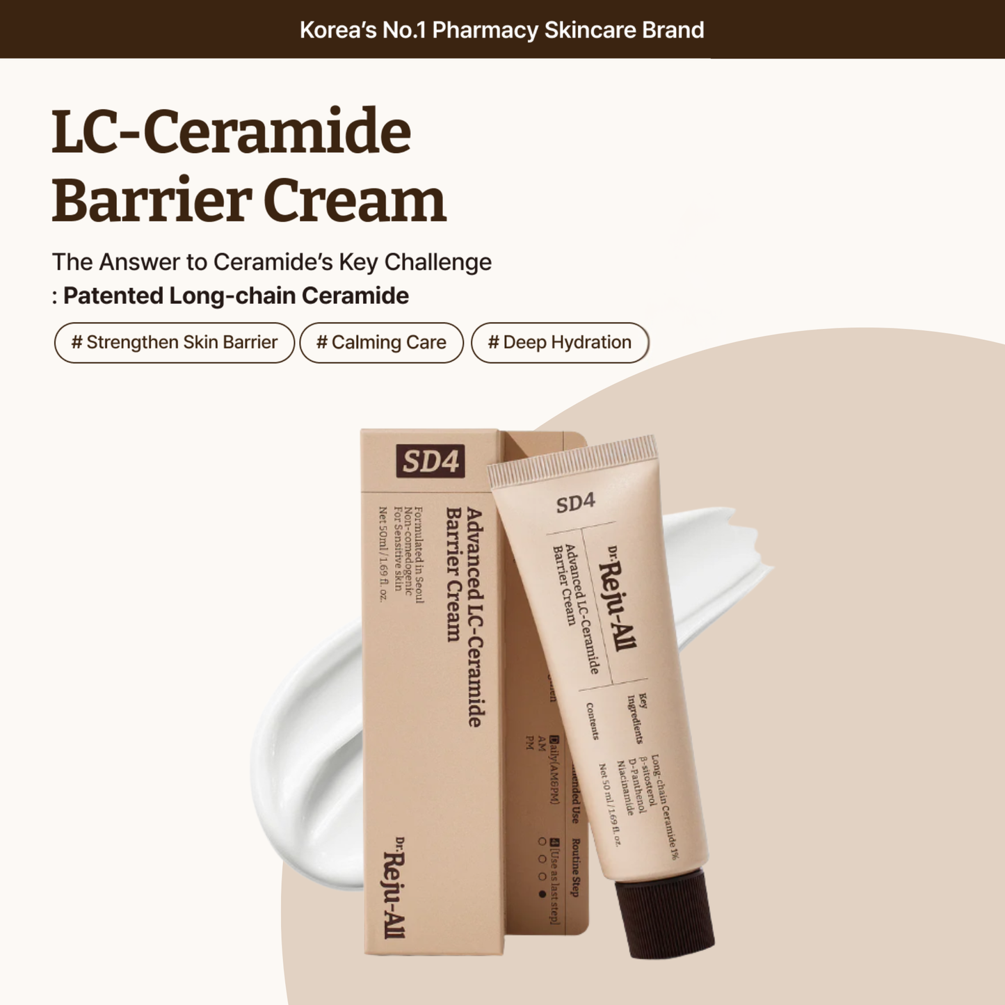Dr. Reju-All Advanced LC-Ceramide Barrier Cream shown with its beige tube and matching box on a light beige background with promotional text. The product packaging features the Reju-All brand and SD4 line, with a white cream smear behind the tube.