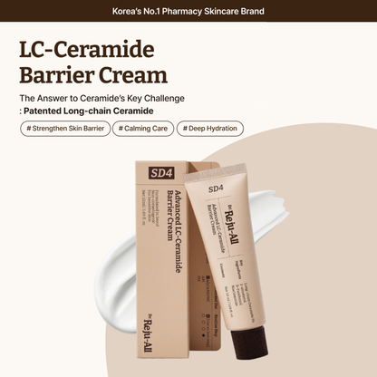 Dr. Reju-All Advanced LC-Ceramide Barrier Cream shown with its beige tube and matching box on a light beige background with promotional text. The product packaging features the Reju-All brand and SD4 line, with a white cream smear behind the tube.