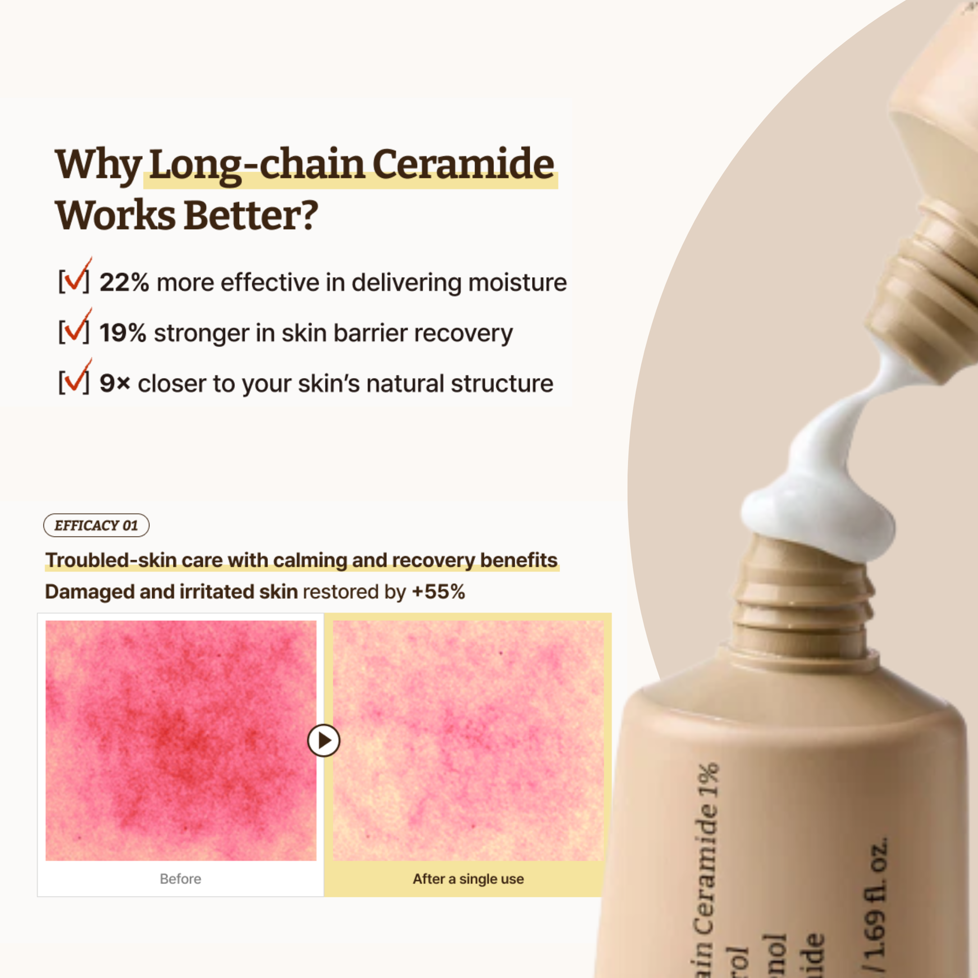 Informational graphic for a long-chain ceramides in the Dr. Reju-All Advanced LC-Ceramide Barrier Cream. The image features text explaining the benefits of long-chain ceramide, a before-and-after skin barrier recovery comparison, and a close-up of a beige Dr. Reju-All Advanced LC-Ceramide Barrier Cream tube with white cream being dispensed.