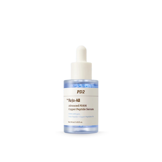 Dr. Reju-All Advanced PDRN Copper Peptide Serum, featuring a white dropper cap and a clear bottle showing a serum with blue encapsulated copper peptides, set against a plain white background.