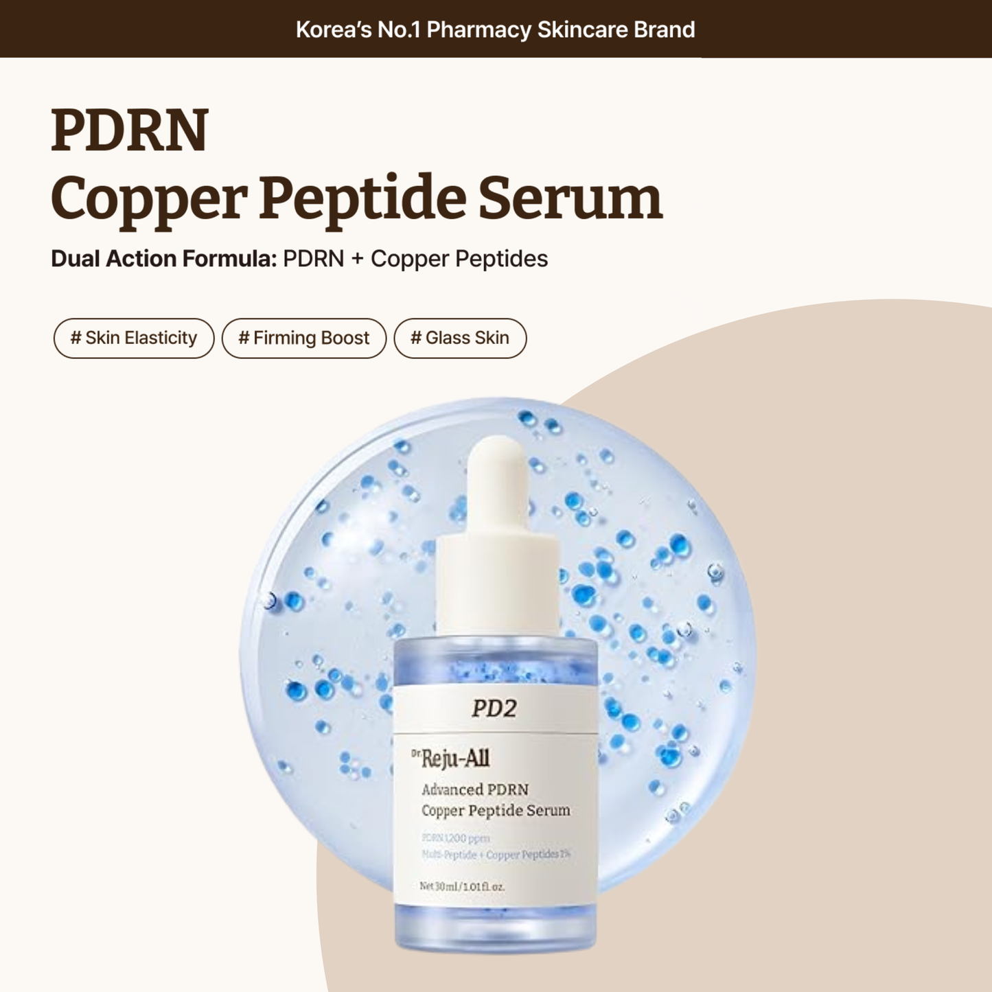 A bottle of Dr. Reju-All Advanced PDRN Copper Peptide Serum featuring a white dropper cap and a clear bottle showing blue serum inside, set against a beige background with a circular blue liquid graphic showcasing the blue encapsulated copper peptides in the formulation.