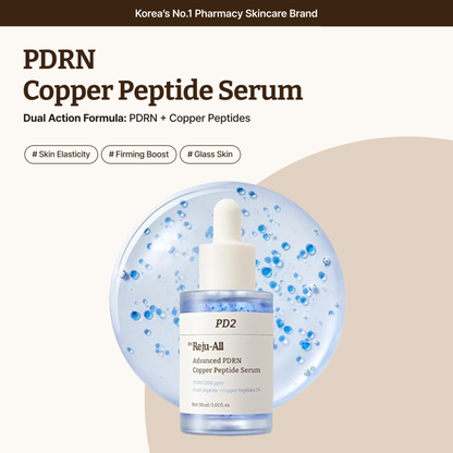 A bottle of Dr. Reju-All Advanced PDRN Copper Peptide Serum featuring a white dropper cap and a clear bottle showing blue serum inside, set against a beige background with a circular blue liquid graphic showcasing the blue encapsulated copper peptides in the formulation.