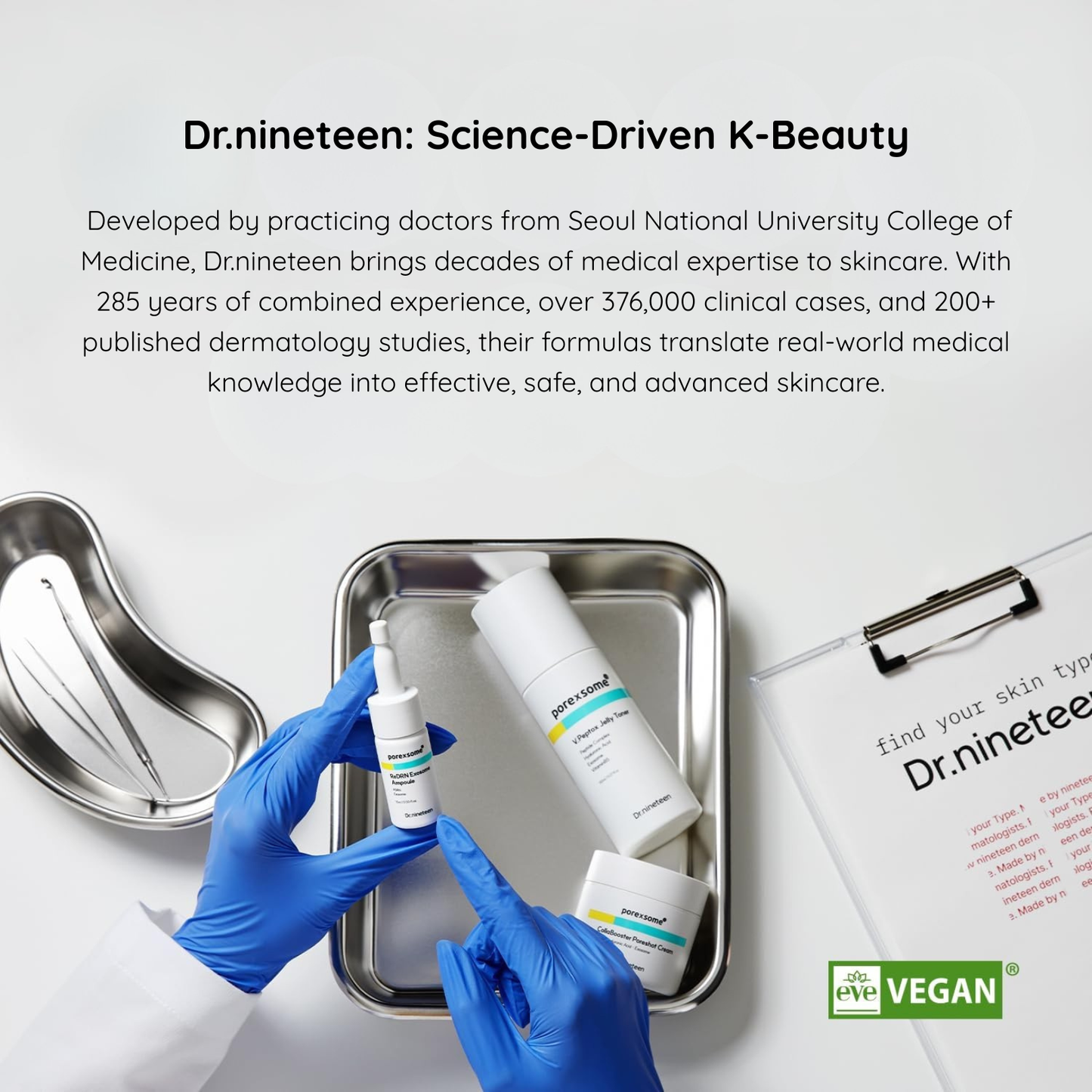 Dr.nineteen Brand Highlight with information on Science driven K-Beauty. There is an image of a Dr. Holding a Dr.nineteen product in his hand while wearing blue medical gloves. There is also a silver tray and clipboard on the table