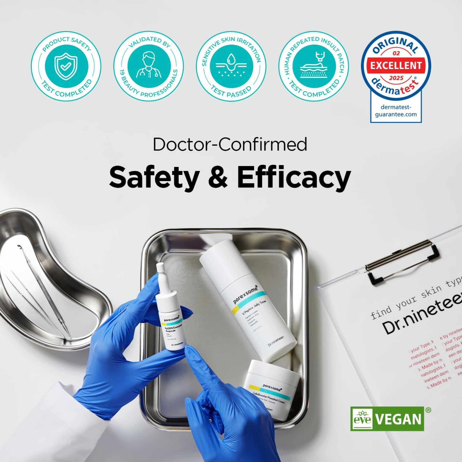 Lifestyle image of Doctor holding a Dr.nineteen product with blue medical gloves and a steel medical tray and clipboard on a light grey background