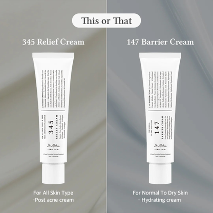 Two tubes of Dr.Althea Cream labeled '345 Relief Cream' and '147 Barrier Cream' on a gradient background indicating which skin type each product is suited to