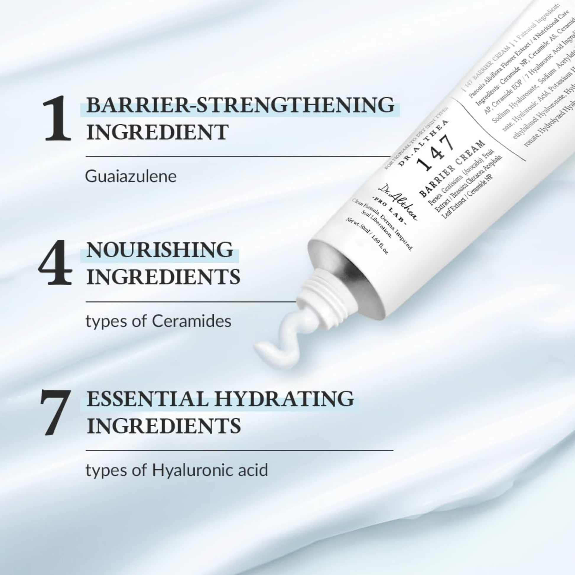 Tube of Dr.Althea 147 Barrier Cream with text detailing its benefits on a light blue background