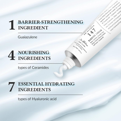 Tube of Dr.Althea 147 Barrier Cream with text detailing its benefits on a light blue background