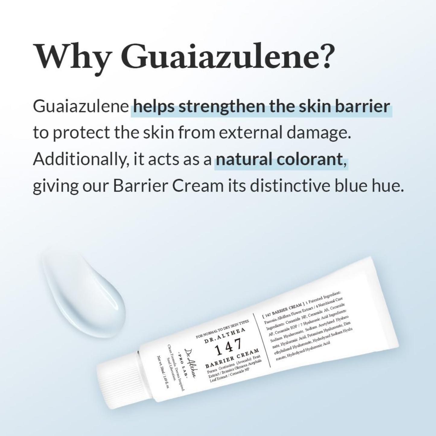 Dr.Althea 147 Barrier Cream tube with text explaining Guaiazulene's benefits on a light blue background