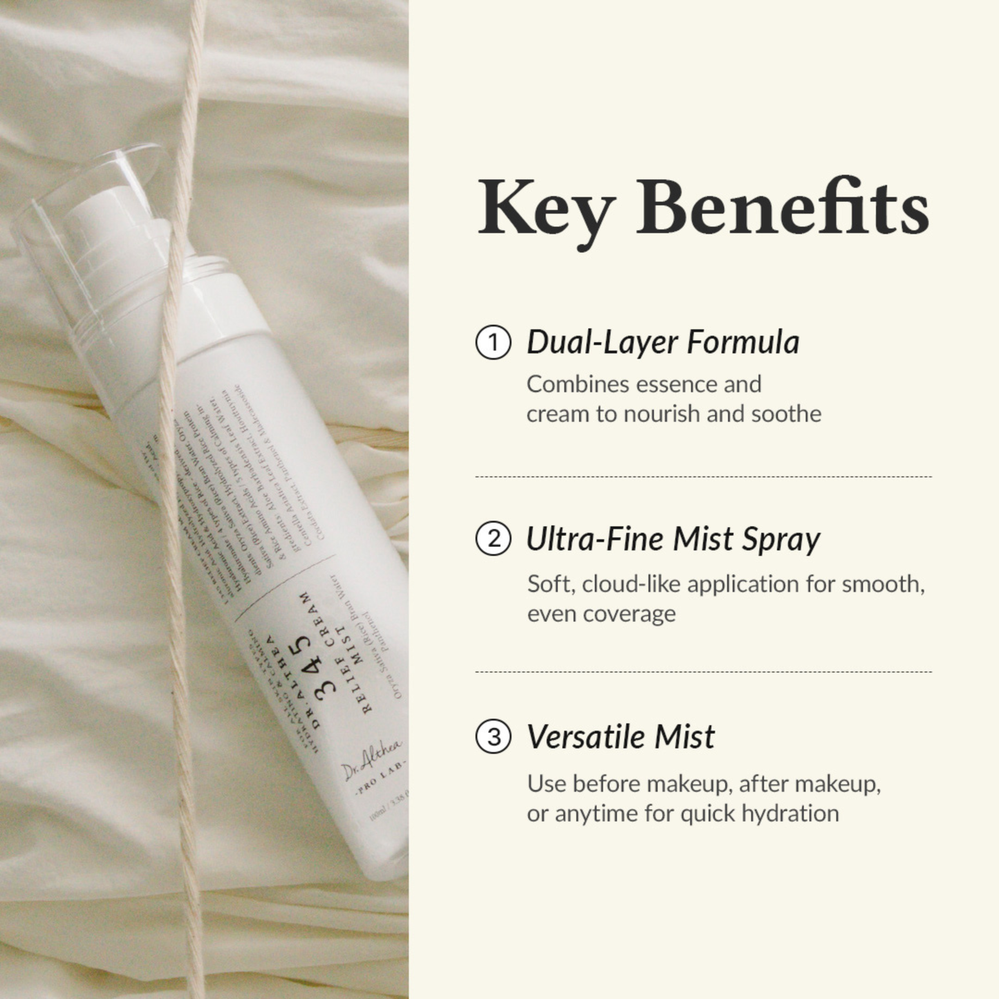 Dr. Althea 345 Relief Cream Mist with key product benefits listed on a textured beige background
