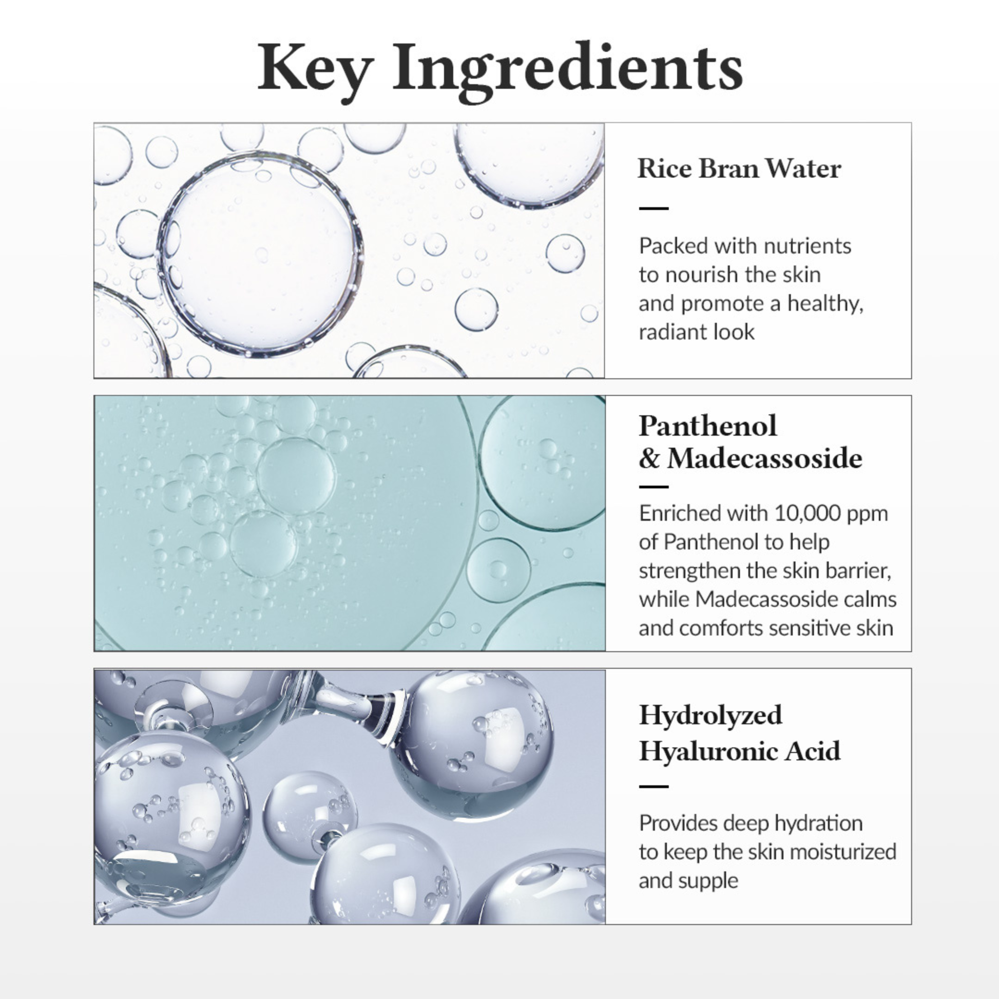 List of key ingredients of the Dr. Althea 345 Relief Cream Mist with images and descriptions on a white background