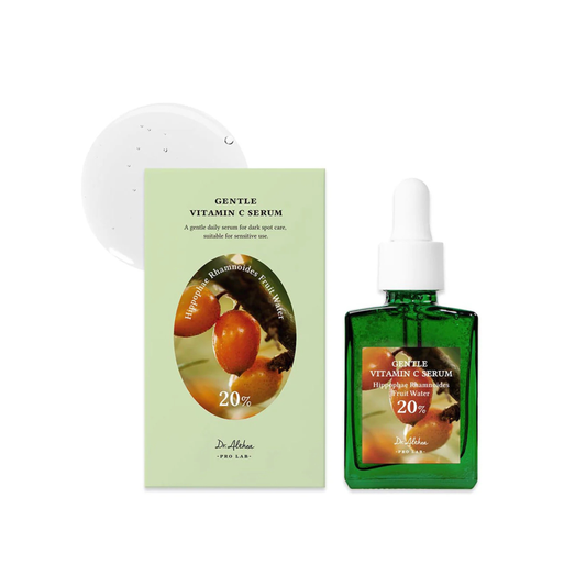 Green bottle of Dr.Althea Gentle Vitamin C Serum with packaging on a white background