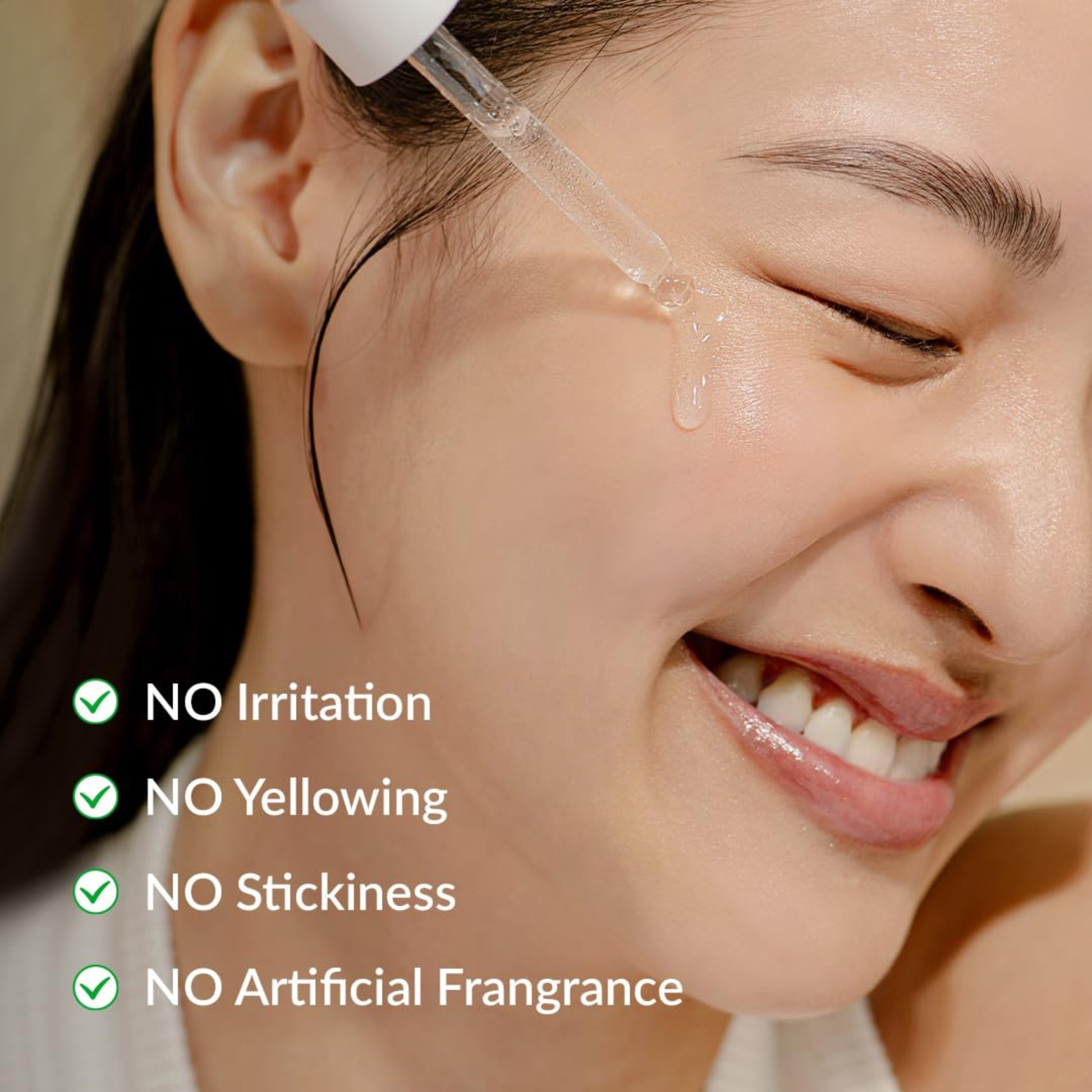 Woman using Dr.Althea Gentle Vitamin C Serum with text indicating its attributes on a beige background