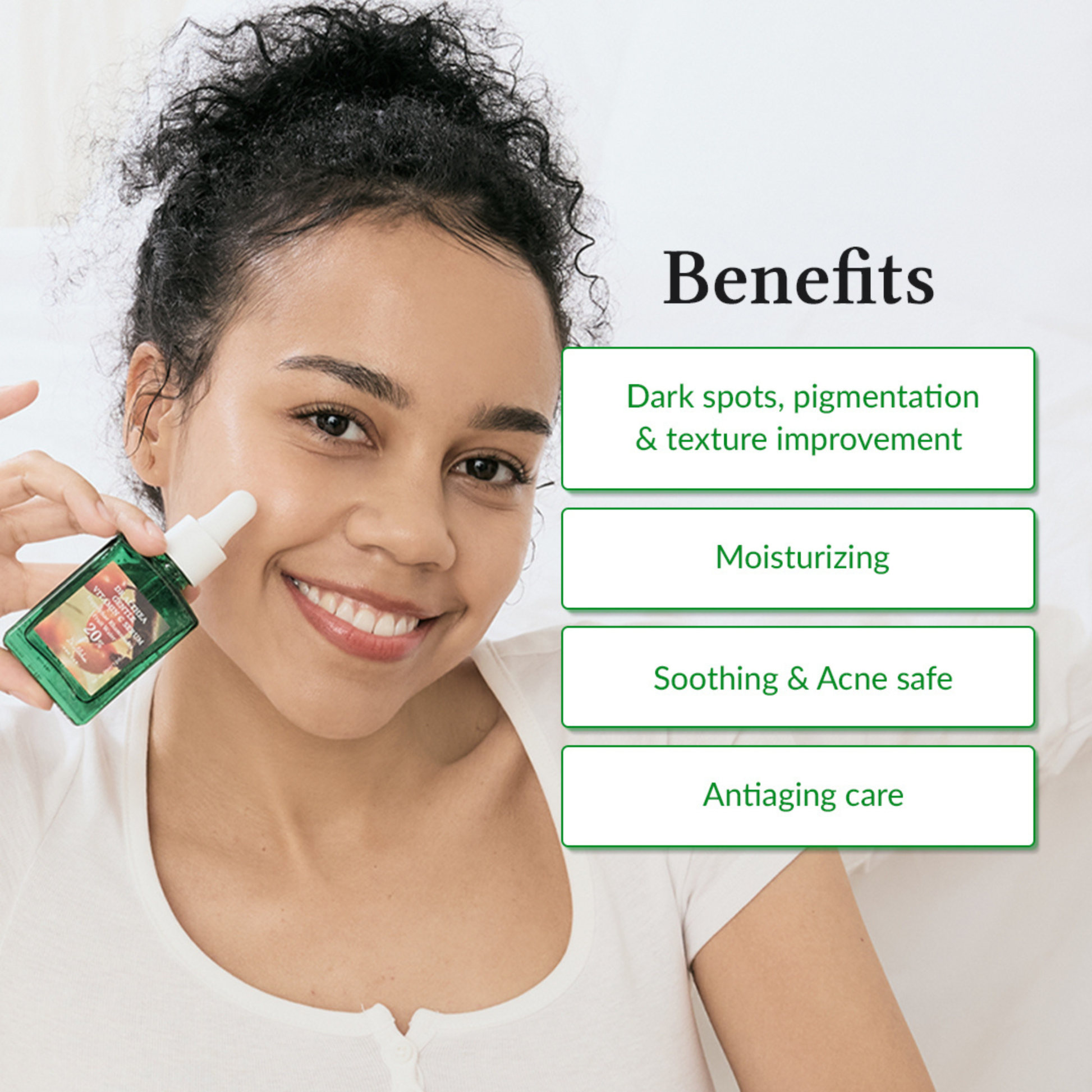 Woman holding Dr.Althea Gentle Vitamin C Serum with product benefits listed on a white background