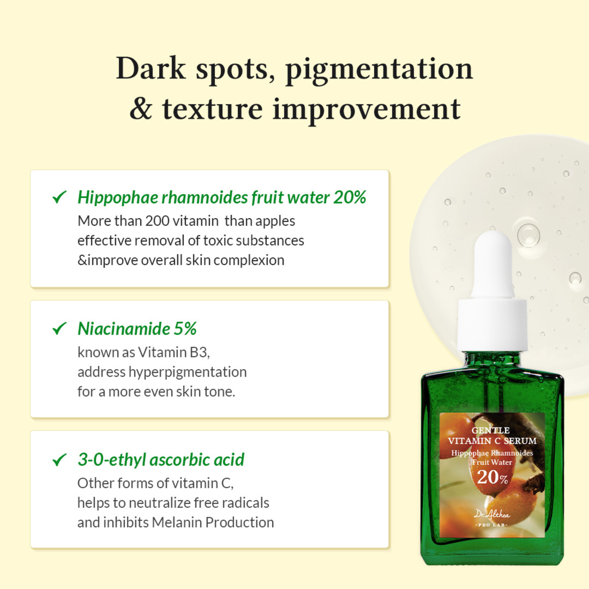 Dr.Althea Gentle Vitamin C Serum with text on improvement of dark spots, pigmentation, and texture as well as hero ingredients in the formulation on a beige background