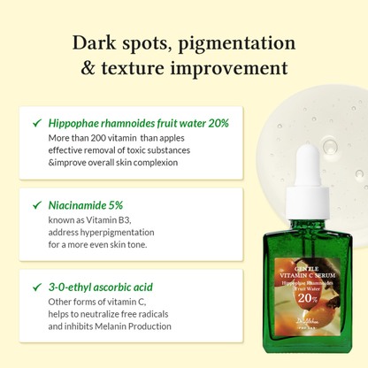 Dr.Althea Gentle Vitamin C Serum with text on improvement of dark spots, pigmentation, and texture as well as hero ingredients in the formulation on a beige background