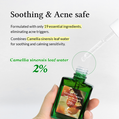 Hand holding a green bottle of Dr.Althea Gentle Vitamin C Serum with text stating soothing and acne-safe.