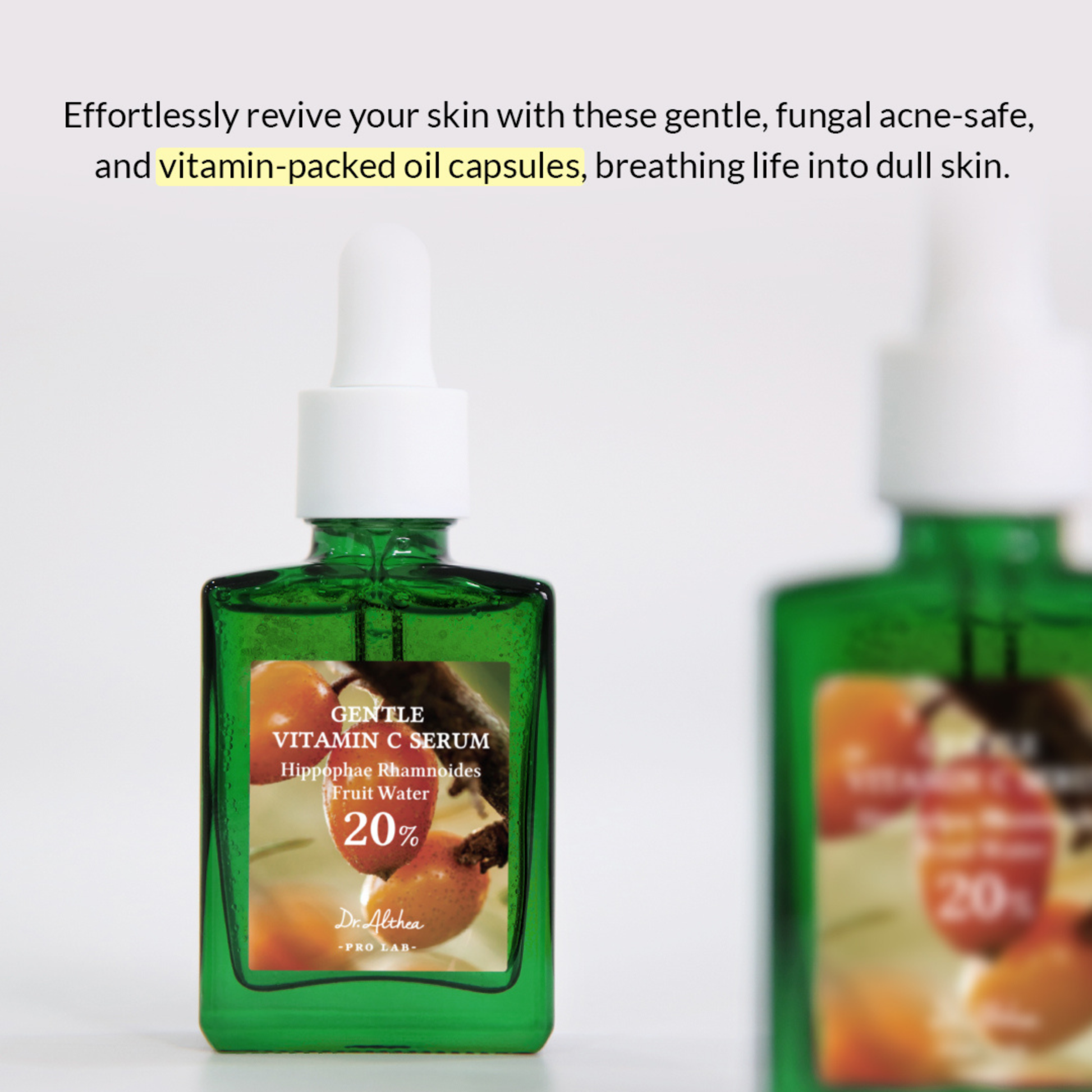 Green bottle of Dr.Althea Gentle Vitamin C Serum with text on a white background