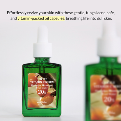 Green bottle of Dr.Althea Gentle Vitamin C Serum with text on a white background