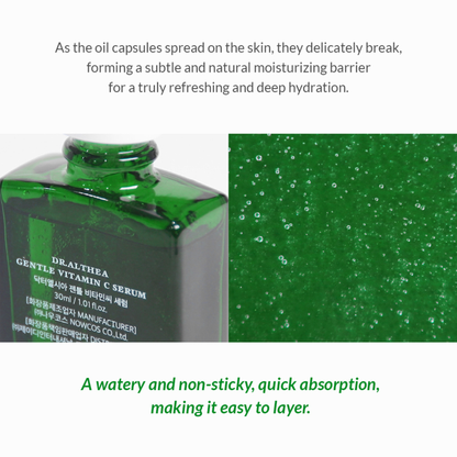 Green bottle of Dr.Althea Gentle Vitamin C Serum with text about its moisturizing properties and watery non-sticky, quick absorbing feel.