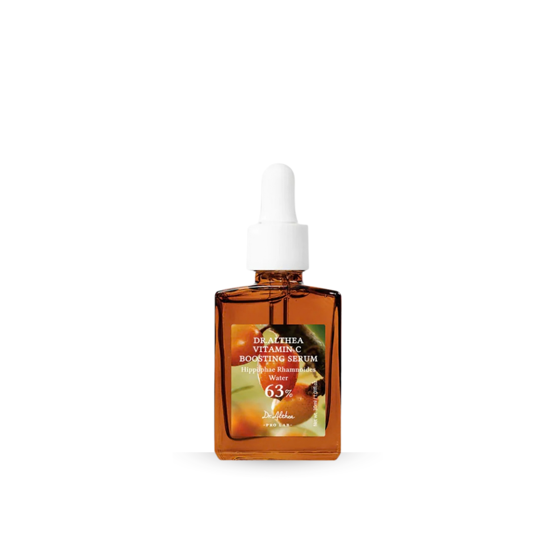 Brown glass bottle of Dr. Althea Vitamin C Boosting Serum with dropper on a white background