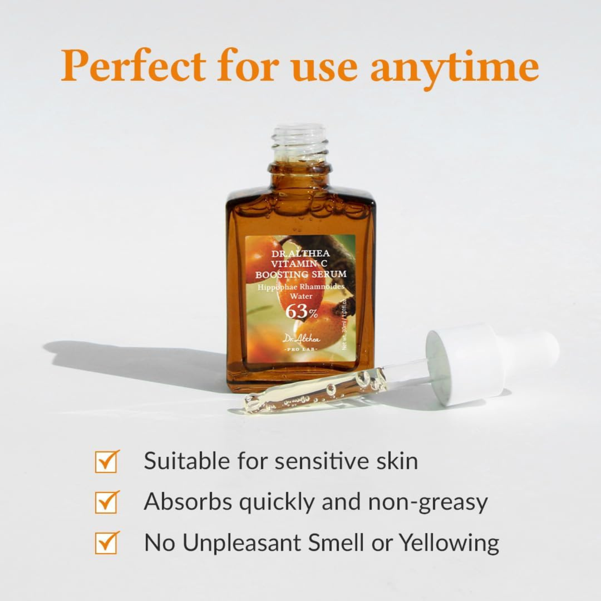 Dr. Althea Vitamin C Boosting Serum with text highlighting its features on a light gray background