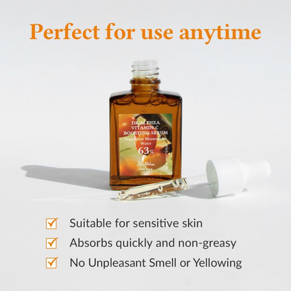 Dr. Althea Vitamin C Boosting Serum with text highlighting its features on a light gray background