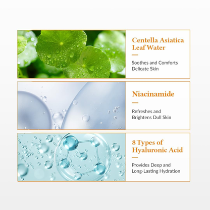 Product information highlighting hero ingredients of the Dr. Althea Vitamin C Boosting Serum with images of each ingredient, their names and descriptions  on a white background.