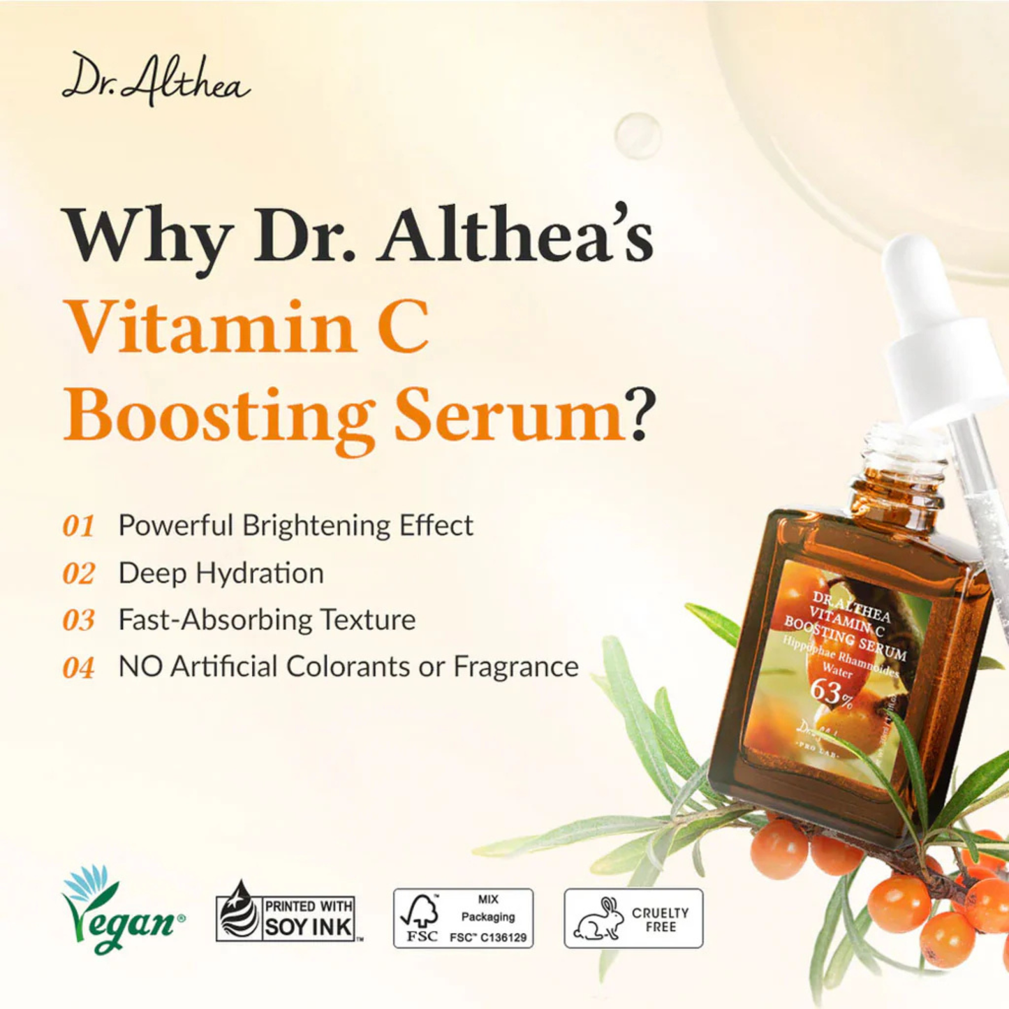 Dr. Althea Vitamin C Boosting Serum with benefits listed illustrating why Dr. Althea Vitamin C Boosting Serum should be chosen on a light background.