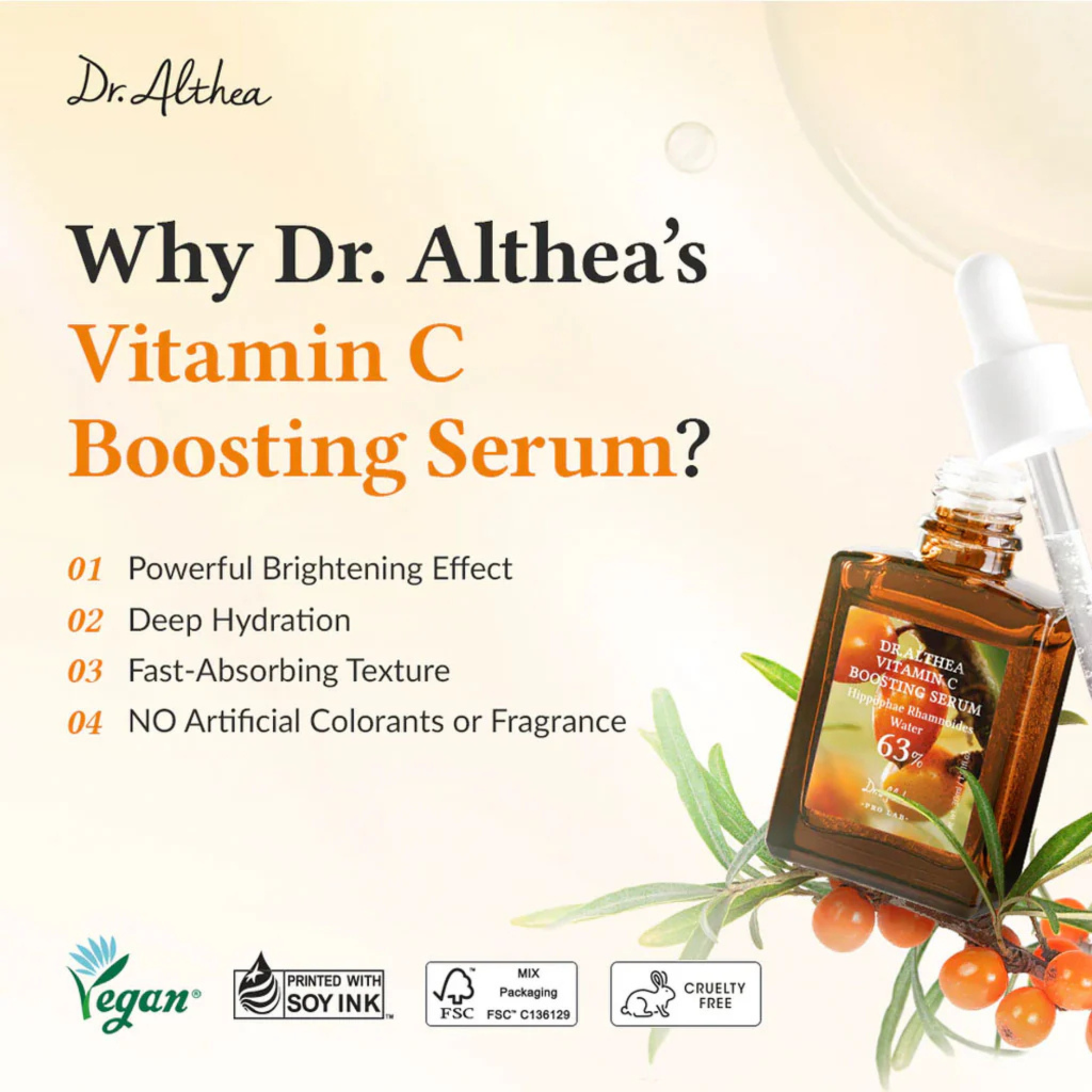 Dr. Althea Vitamin C Boosting Serum with benefits listed illustrating why Dr. Althea Vitamin C Boosting Serum should be chosen on a light background.