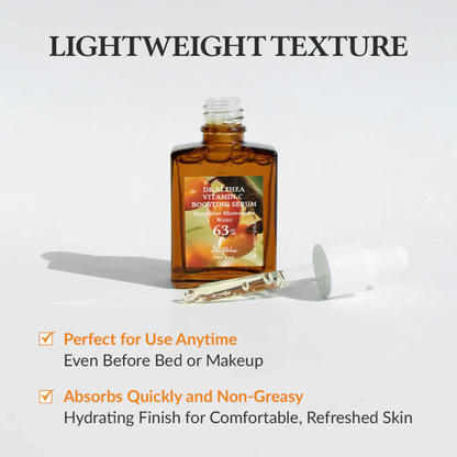 Dr. Althea Vitamin C Boosting Serum with text highlighting lightweight texture and benefits on a light gray background