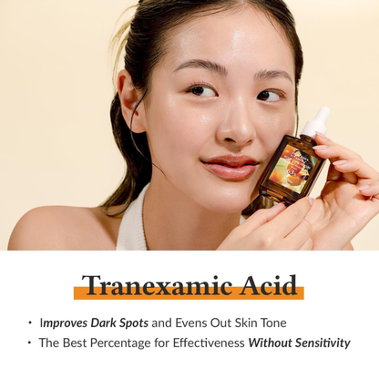 Woman holding a bottle of Dr. Althea Vitamin C Boosting Serum with text highlighting Tranexamic Acid as an active ingredient with text on a beige background