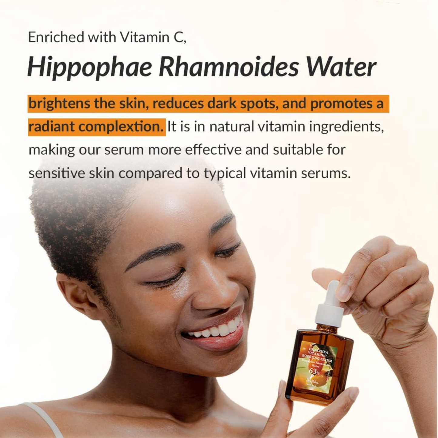 Woman holding a bottle of Dr. Althea Vitamin C Boosting Serum with text about Hippophae Rhamnoides Water benefits.