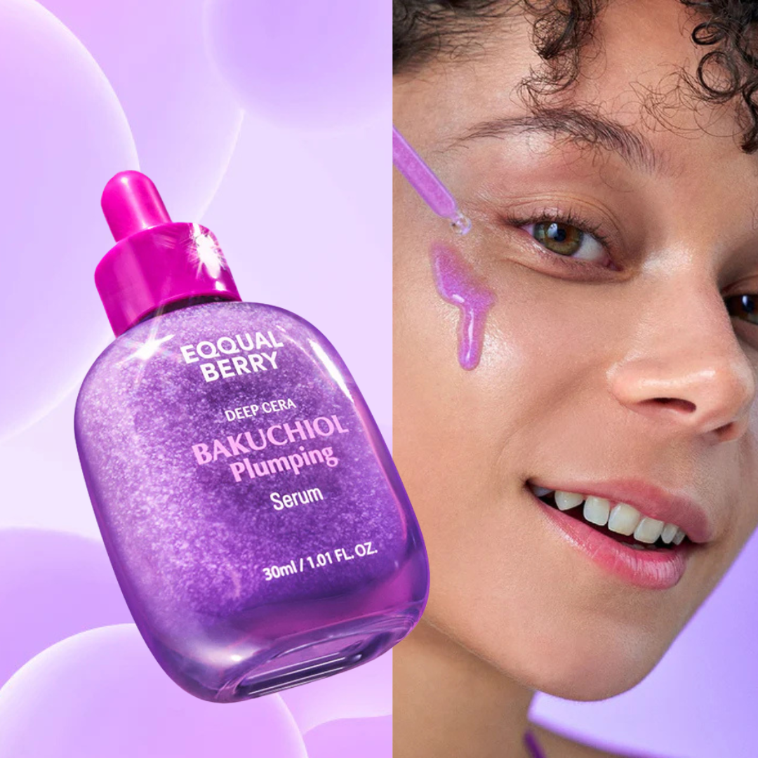 EQQUALBERRY Bakuchiol Plumping Serum bottle with pink dropper labeled on a purple background, next to a close-up of a woman's face with product on her cheek.