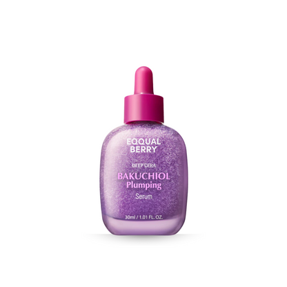 EQQUALBERRY Bakuchiol Plumping Serum bottle with pink dropper on a white background
