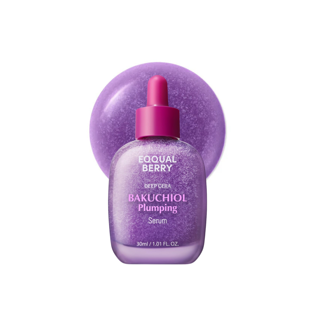 EQQUALBERRY Bakuchiol Plumping Serum bottle with dropper on a white background