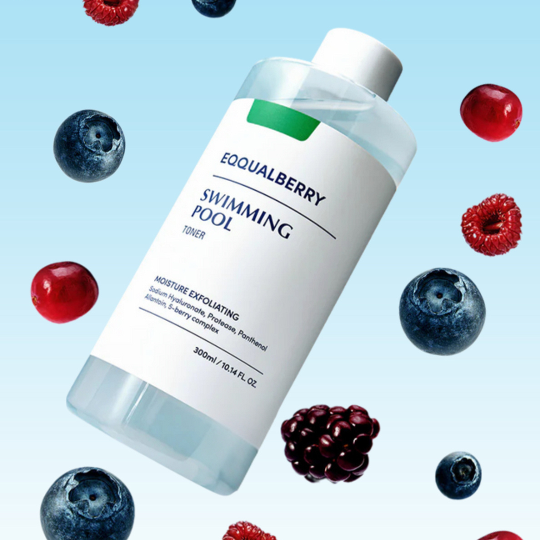 Skincare bottle labeled 'Equalberry Swimming Pool Toner with berries on a light blue background