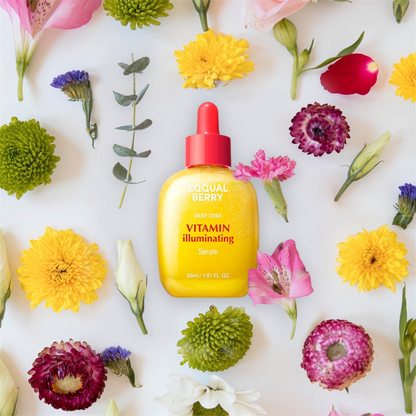 EQQUALBERRY Vitamin Illuminating Serum with red cap on a white background surrounded by colorful flowers