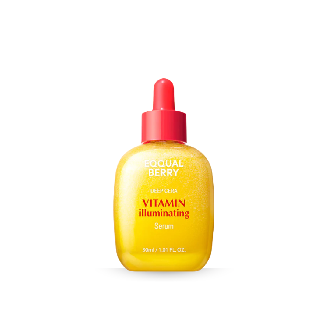 EQQUALBERRY Vitamin Illuminating Serum bottle with red dropper on a white background