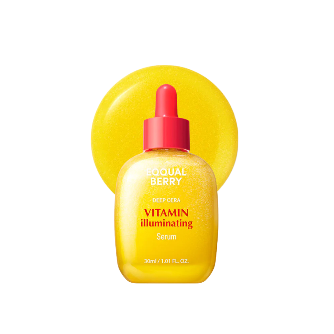 EQQUALBERRY Vitamin Illuminating Serum bottle with red cap on a white background