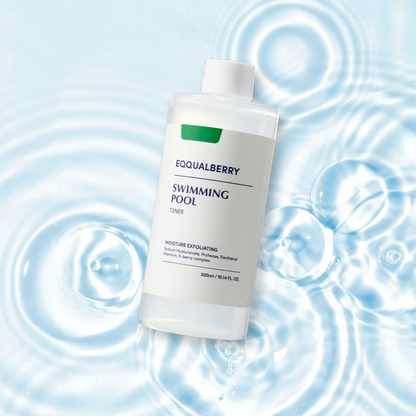 Equalberry Swimming Pool Toner bottle on a water-themed background