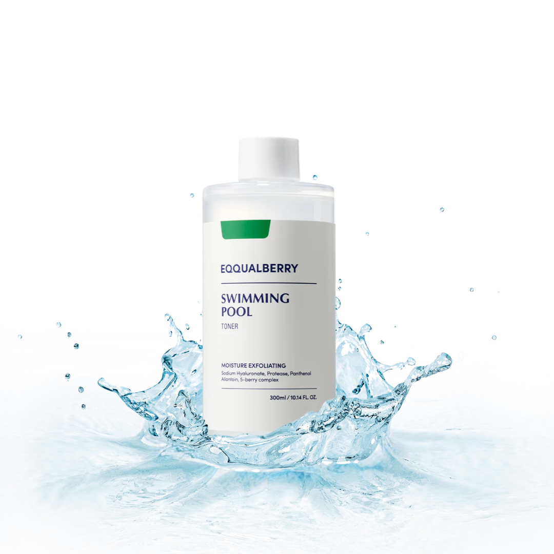 EAQUALBERRY Swimming Pool Toner bottle with water splash on a white background