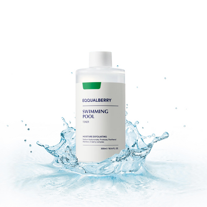 EAQUALBERRY Swimming Pool Toner bottle with water splash on a white background