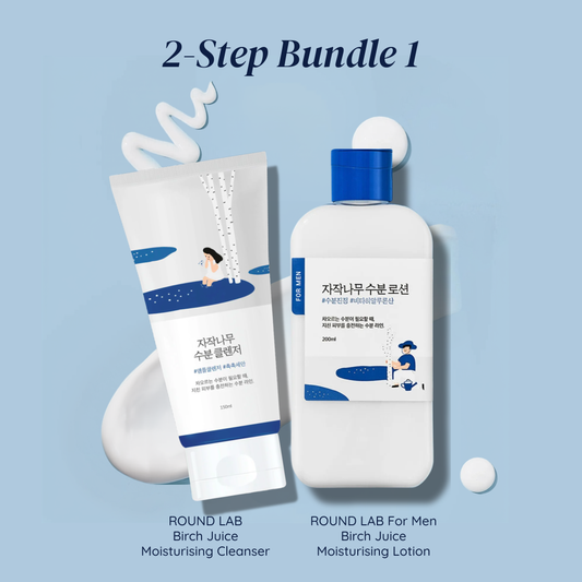 ROUND LAB For Men 2-Step skincare Bundle featuring the Birch Juice Cleanser and Lotion on a light blue background