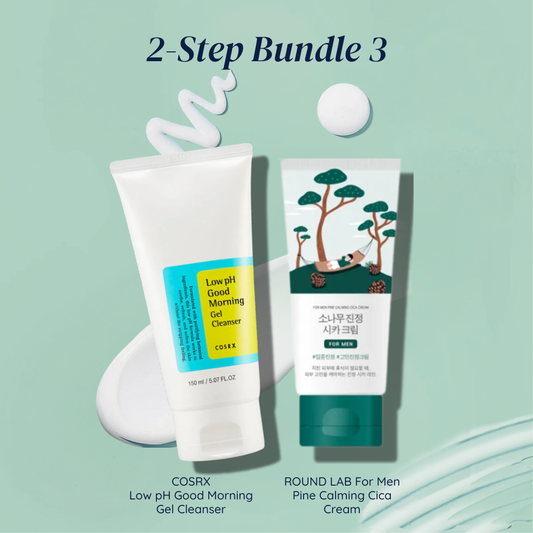Father's Day 2-Step Bundle featuring the COSRX Low pH Good Morning Gel Cleanser and the ROUND LABFor Men Pine Cica Cream on a light green background