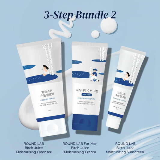 Three ROUND LAB For Men skincare products featuring the Birch Juice Cleanser, Cream and Sunscreen on a light blue background with text '3-Step Bundle 2'.