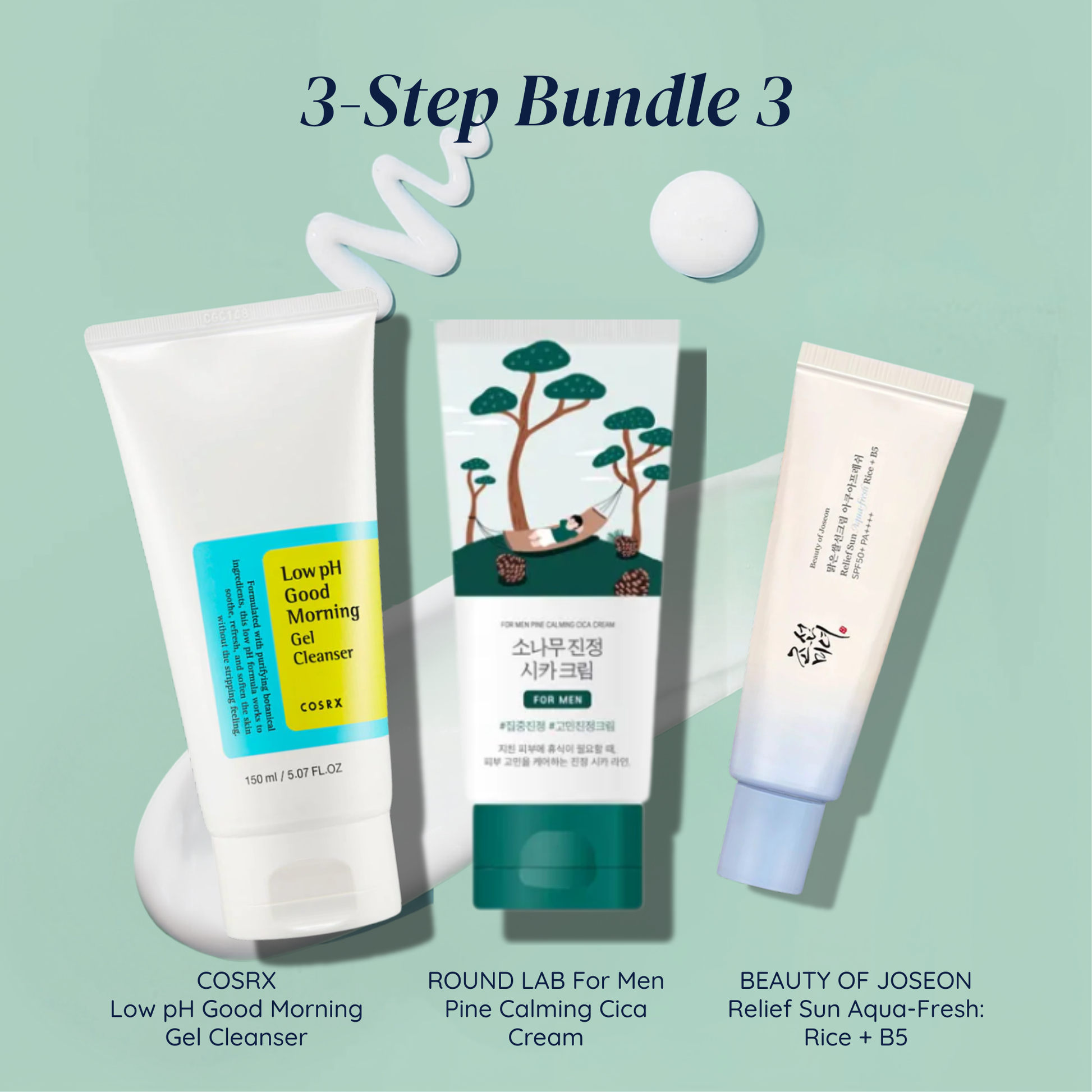 Father's Day skincare bundle featuring the COSRX Low pH Good Morning Gel Cleanser, ROUND LAB For Men Pie Cica Moisturising Cream and BEAUTY OF JOSEON RElief Sun Aqua-Fresh on a light green background