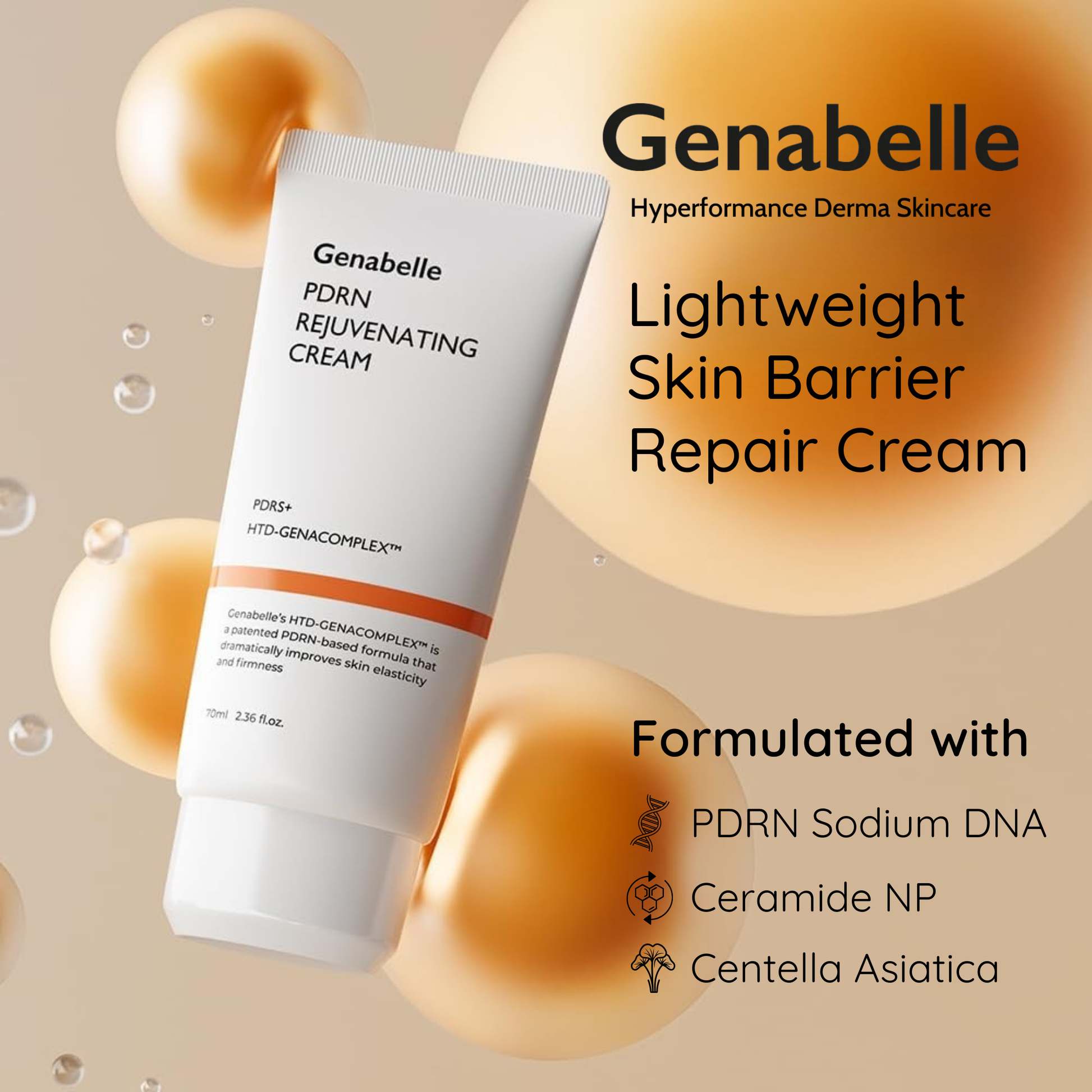 Genabelle Lightweight Skin Barrier Repair Cream with product details on a beige background with orange bubbles